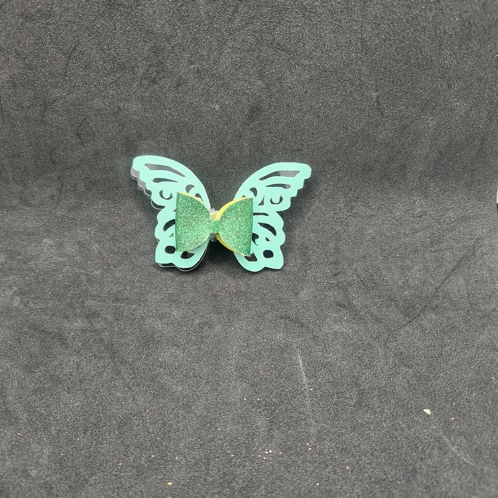 Hand Crafted Green Glitter Butterfly Hair Clip Bow Barette Faux Leather